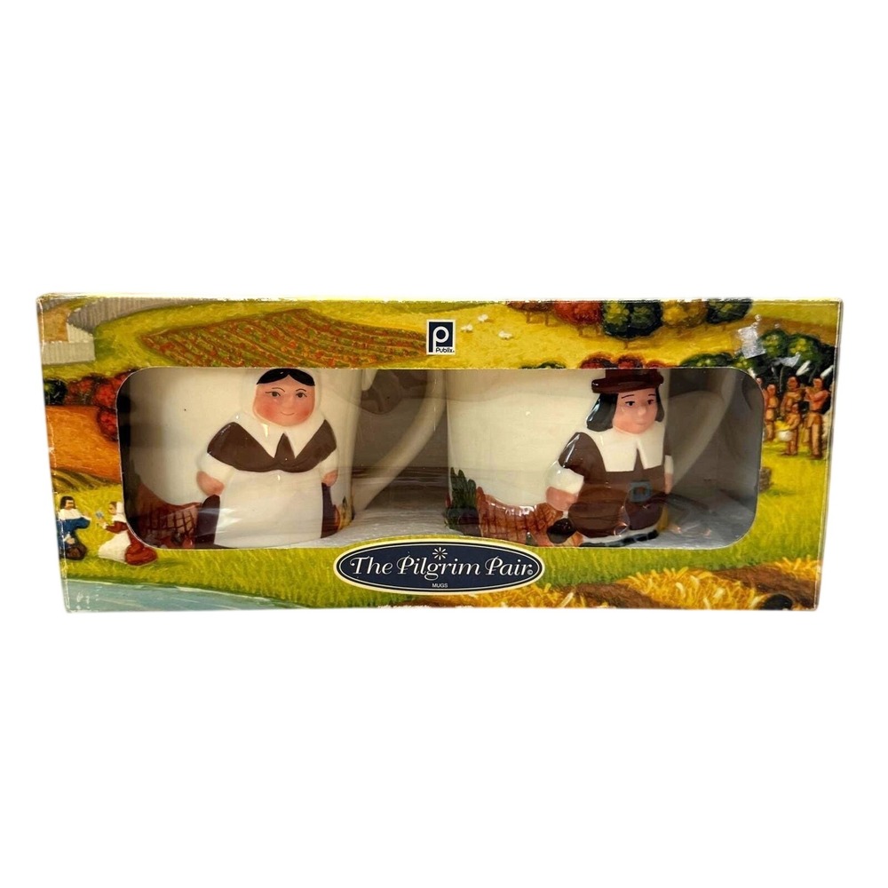 Publix The Pilgrim Pair Mugs Set of 2 Thanksgiving Harvest Ceramic 3D Relief New